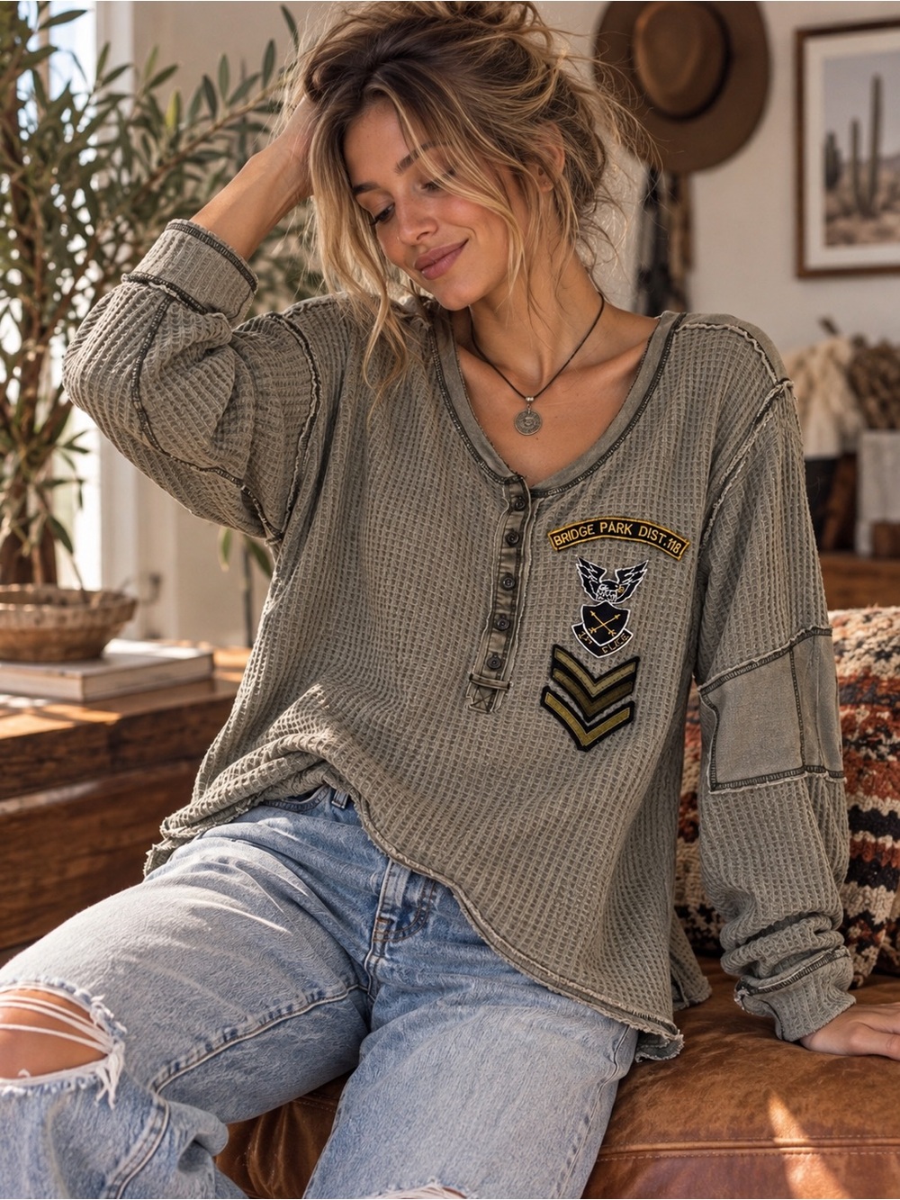 Free People We The Free Bridge Park Thermal Henley Military Patch Top S